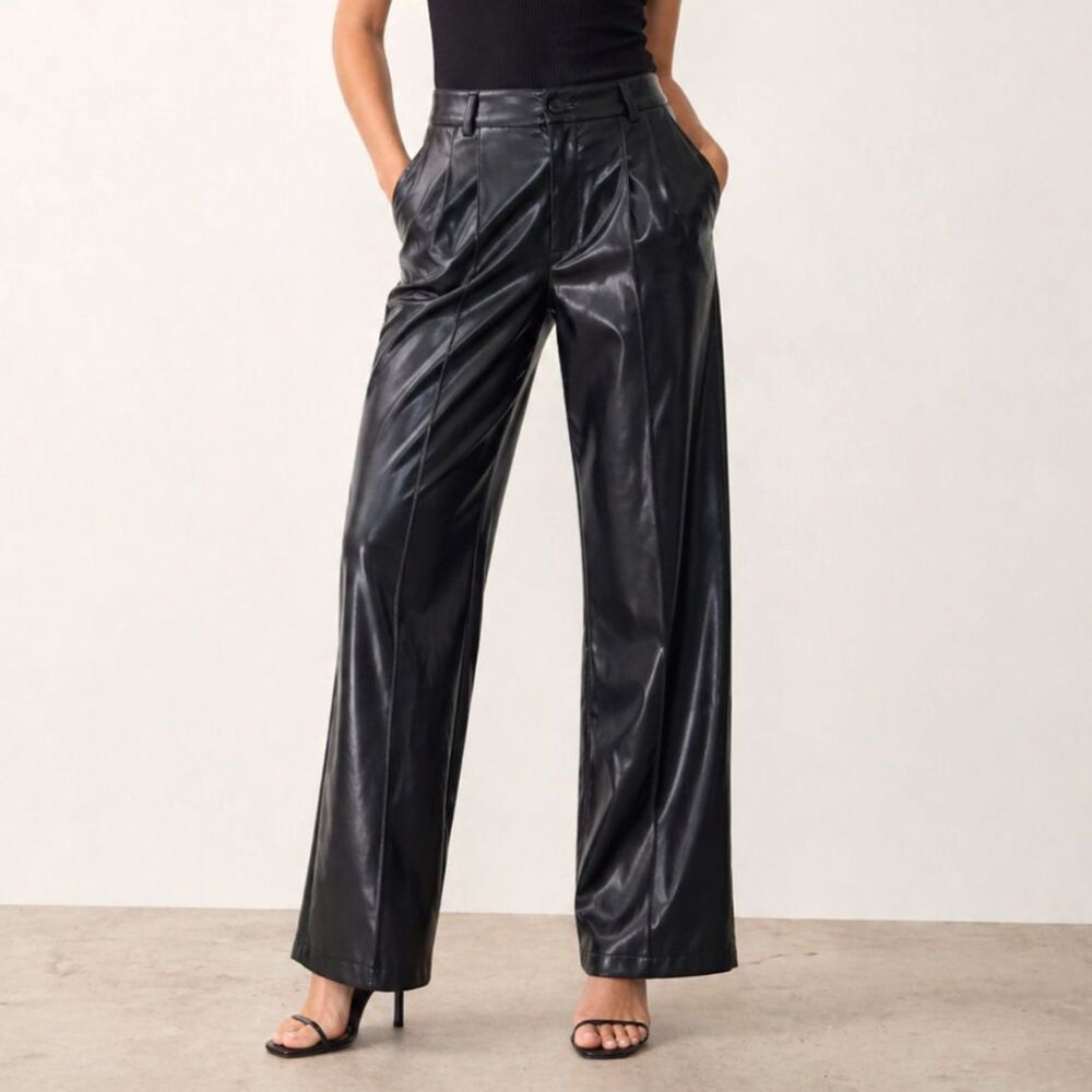 Black Faux Leather Pants Women's Lge High Rise Wide Leg Classic Edgy Rock Party